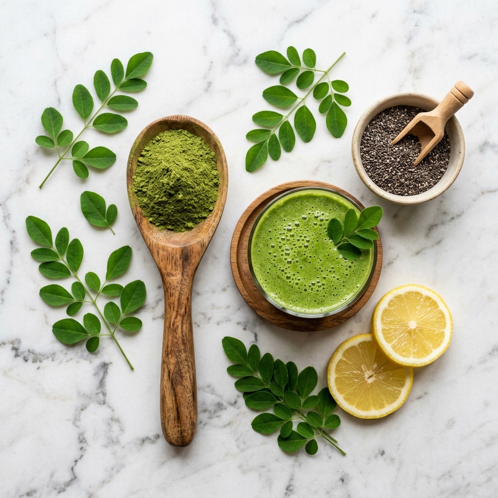 Moringa powder and fresh leaves